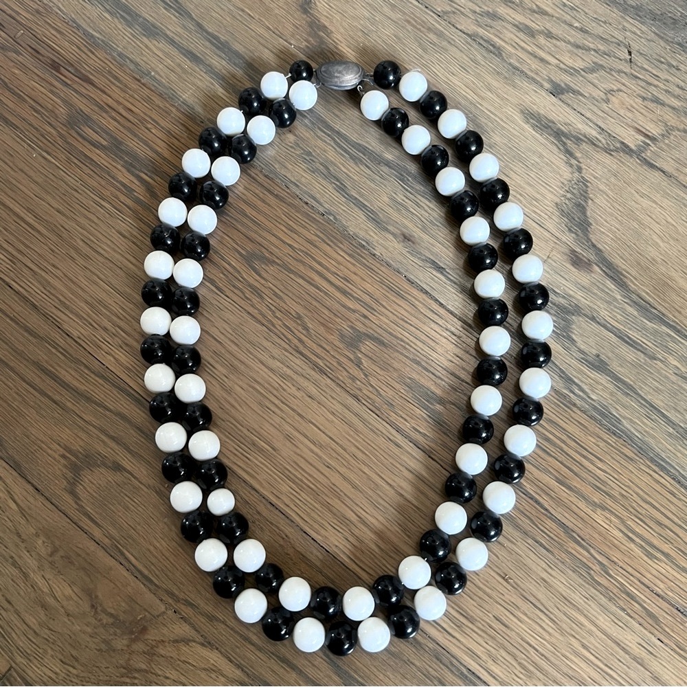 Vintage Black White Double Strand Beaded Necklace Ornate Box Clasp